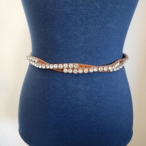 Brown Leather with CZ Crystal Stones Adjustable Belt